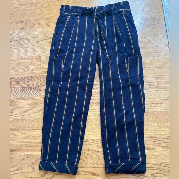 Free People Navy Gold Striped Wool Blend Trousers Size 4 Boho - Picture 2 of 6